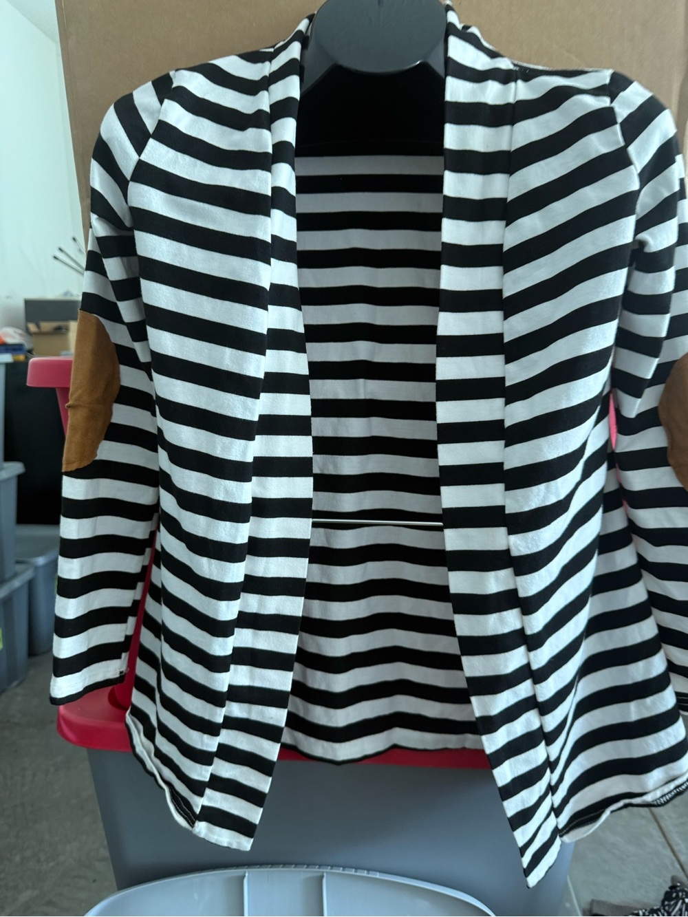 Striped Open-Front Women’s Cardigan Jacket with Elbow Patches - Black & White 72